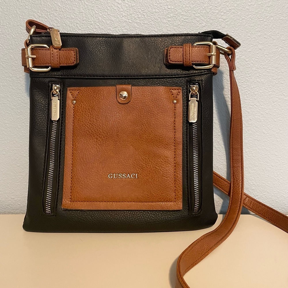 Gussaci Italy Crossbody Handbag Women Black/BrownFaux Leather Lined Purse